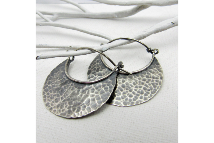 Large Hammered Sterling Silver Crrescent Hoops With Friction Clasp