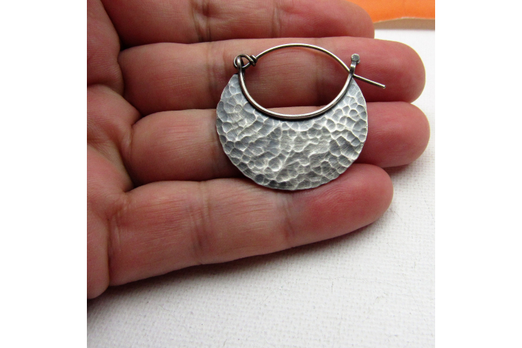 Large Hammered Sterling Silver Crrescent Hoops With Friction Clasp