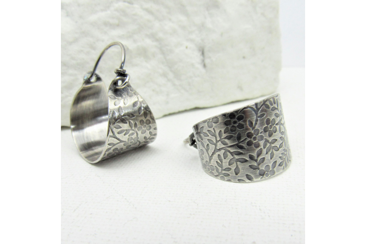 Flower Pattern Sterling Silver Basket Earrings