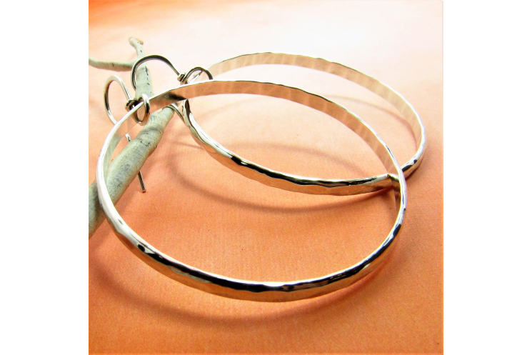 Large Hammered Argentium Sterling Silver Circle Hoop Earrings - 2