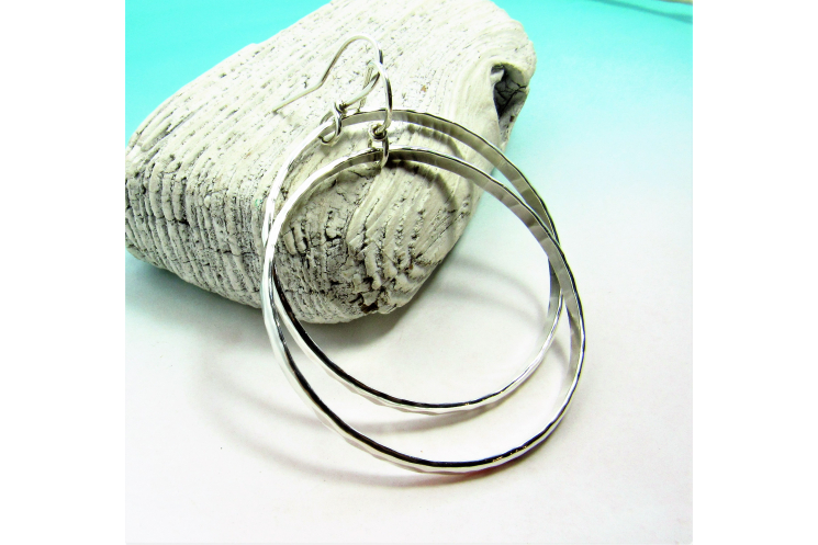 Large Hammered Argentium Sterling Silver Circle Hoop Earrings - 1