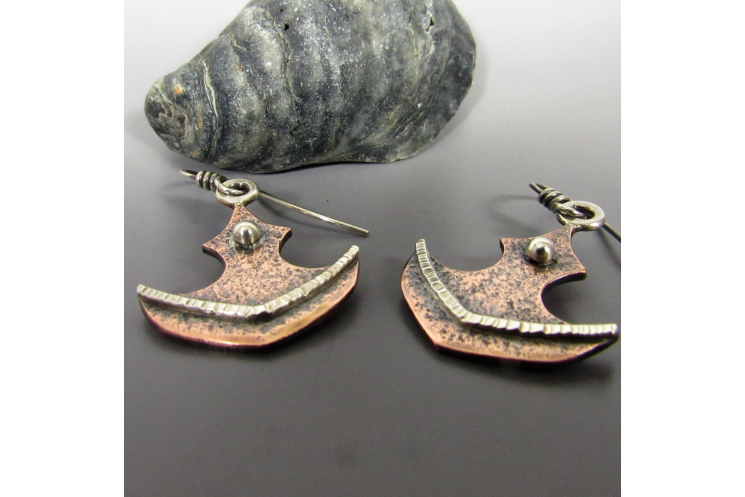 Small copper and argentium silver tribal axe dangle earrings - Image 1