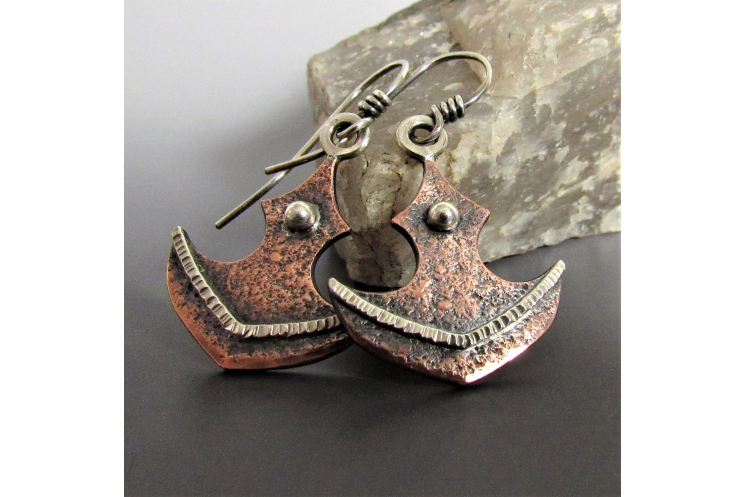 Small copper and argentium silver tribal axe dangle earrings - Image 2
