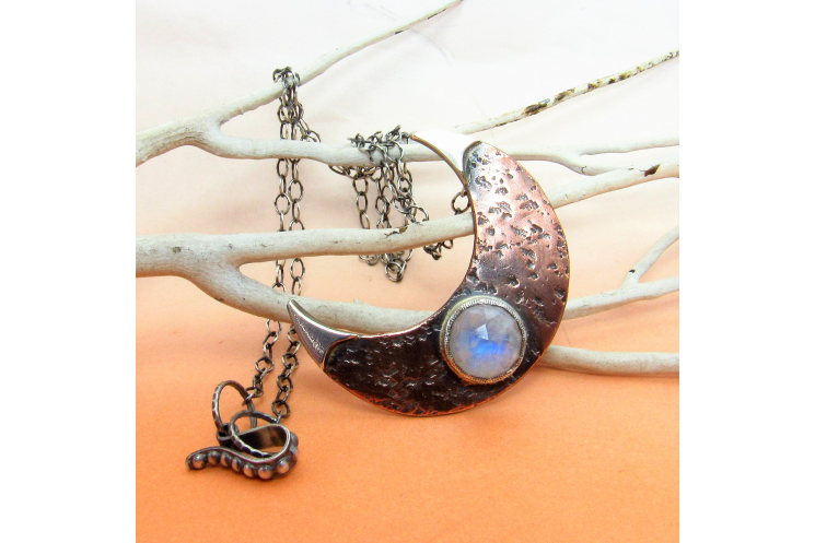 Rustic Copper, Sterling Silver And Rainbow Moonstone Crescent Moon necklace - 5