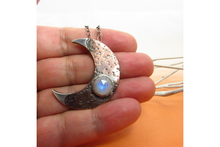 Rustic Copper, Sterling Silver And Rainbow Moonstone Crescent Moon Necklace - 3