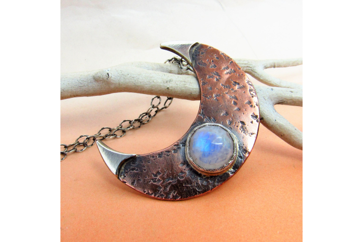 Rustic Copper, Sterling Silver And Rainbow Moonstone Crescent Moon Necklace - 4
