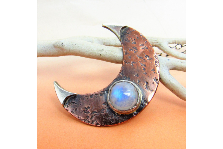 Rustic Copper, Sterling Silver And Rainbow Moonstone Crescent Moon Necklace - 1