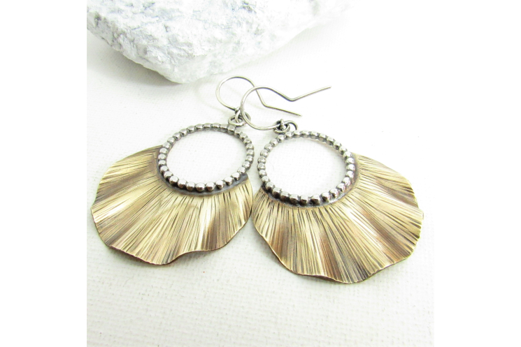 Bronze And Sterling Silver Mixed Metal Ruffle Earrings