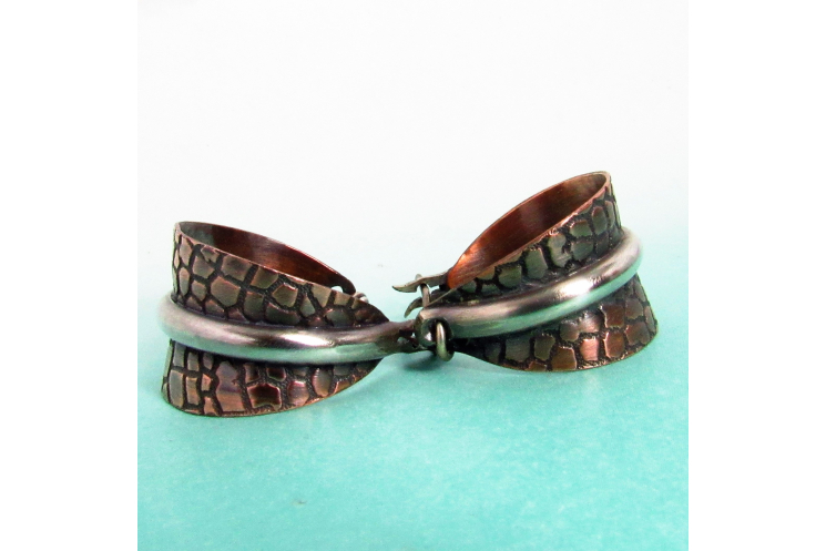 Two Tone Copper And Sterling Silver Basket Hoop Earrings - Image 4