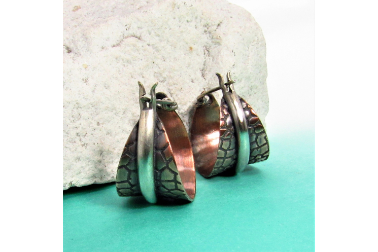 Two Tone Copper And Sterling Silver Basket Hoop Earrings - Image 1