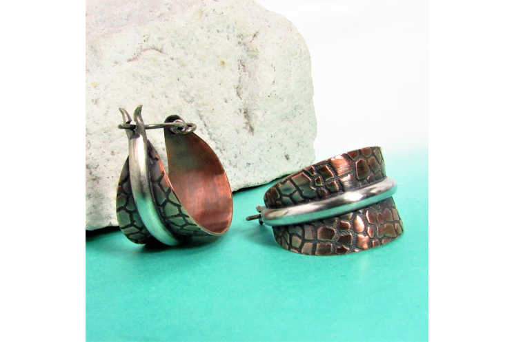 Two Tone Copper And Sterling Silver Basket Hoop Earrings - Image 2