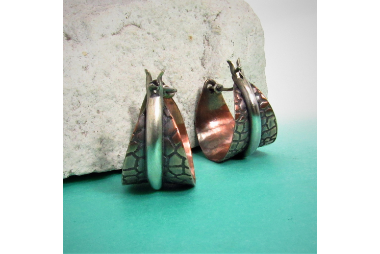 Two Tone Copper And Sterling Silver Basket Hoop Earrings - Image 5