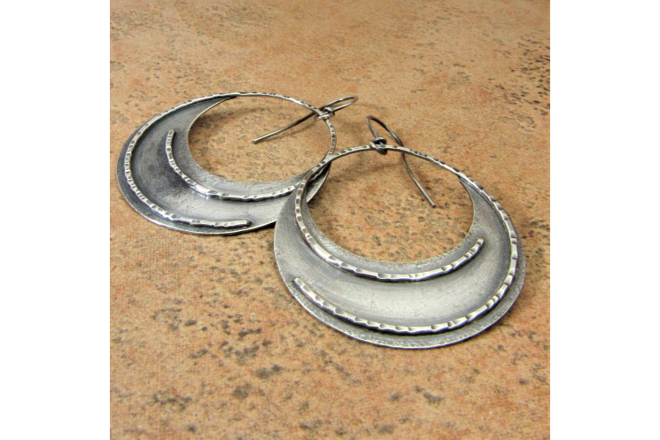 Large Rustic Sterling Silver Dangle Hoop Earrings