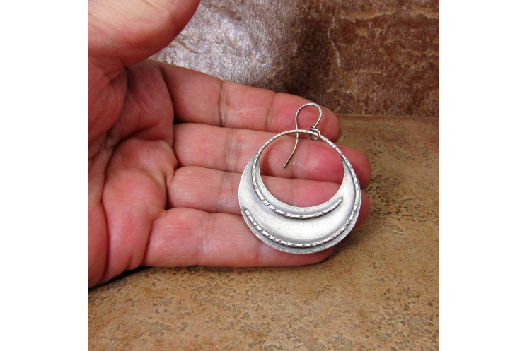 Large Rustic Sterling Silver Dangle Hoop Earrings