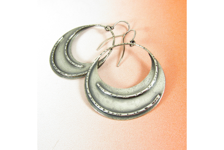 Large Rustic Sterling Silver Dangle Hoop Earrings