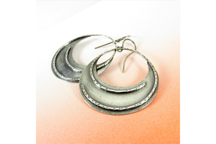 Large Rustic Sterling Silver Dangle Hoop Earrings