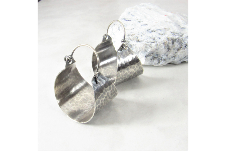 Classic Hammered Sterling Silver Basket Hoop Earrings