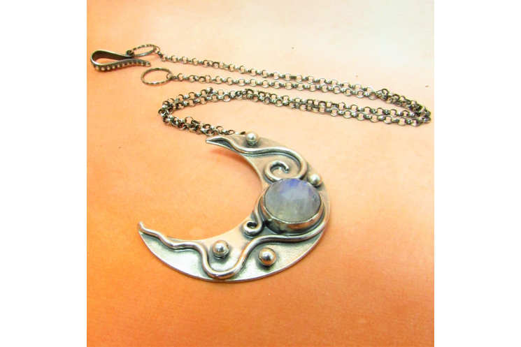 Moonstone Crescent Moon Pendant Necklace In Argentium Sterling Silver - 3