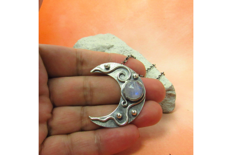 Moonstone Crescent Moon Pendant Necklace In Argentium Sterling Silver - 5