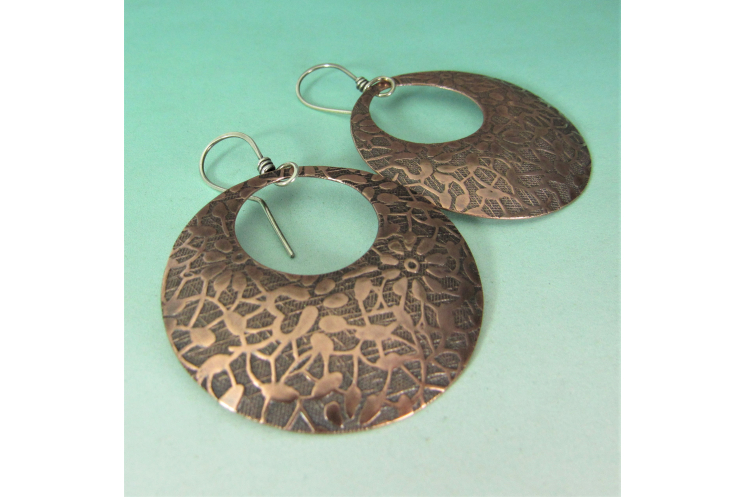 Bohemian Floral Patterend Copper Earrings, Large Gypsy Hoop Style With Sterling