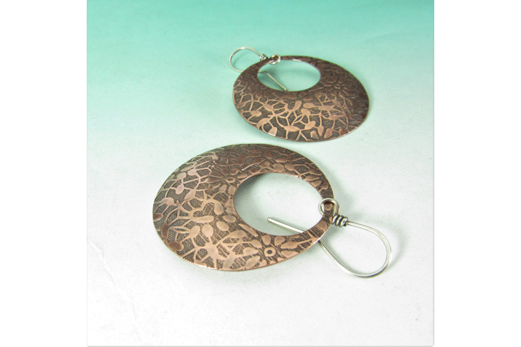 Bohemian Floral Patterend Copper Earrings, Large Gypsy Hoop Style With Sterling