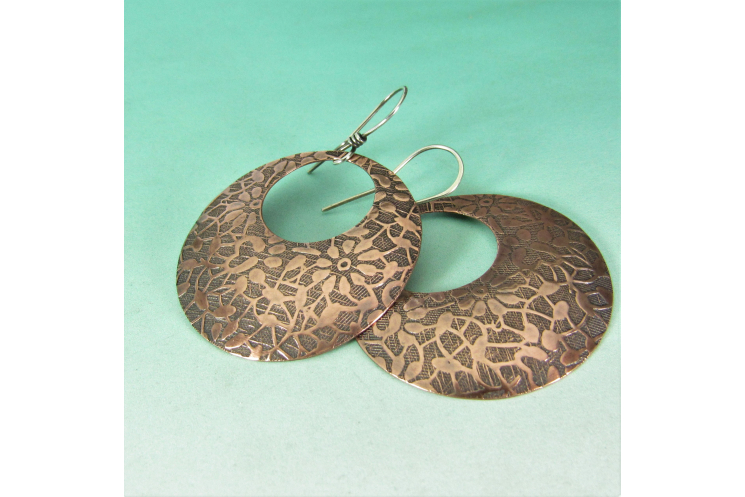 Bohemian Floral Patterend Copper Earrings, Large Gypsy Hoop Style With Sterling