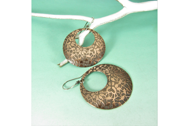 Bohemian Floral Patterend Copper Earrings, Large Gypsy Hoop Style With Sterling