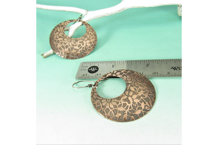 Bohemian Floral Patterend Copper Earrings, Large Gypsy Hoop Style With Sterling