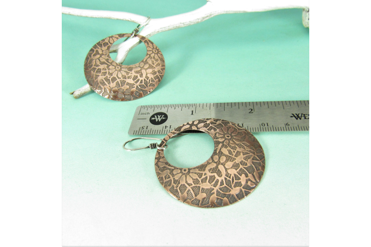 Bohemian Floral Patterend Copper Earrings, Large Gypsy Hoop Style With Sterling