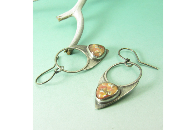 Sterling Silver, Peach Pink Vintage Glass Opal Earrings