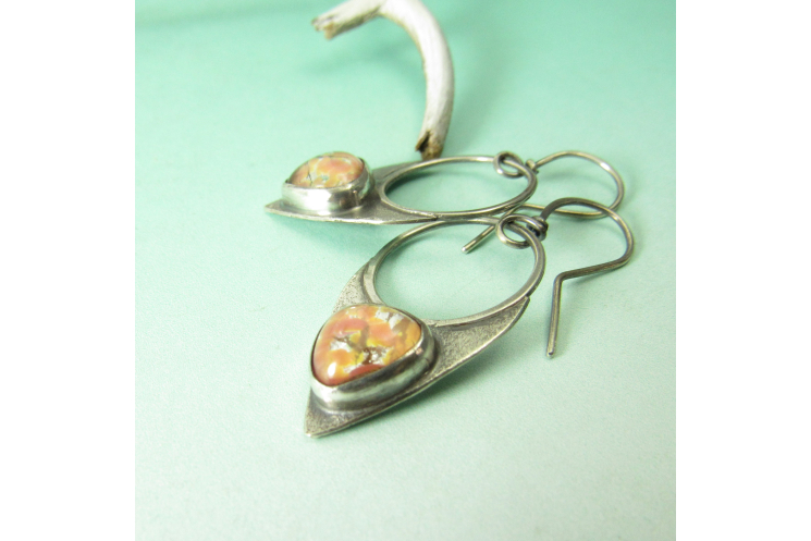 Sterling Silver, Peach Pink Vintage Glass Opal Earrings