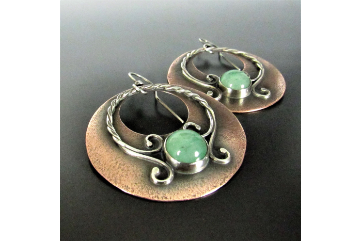 copper and sterling silver gypsy style earrings with green adventurine cabochon