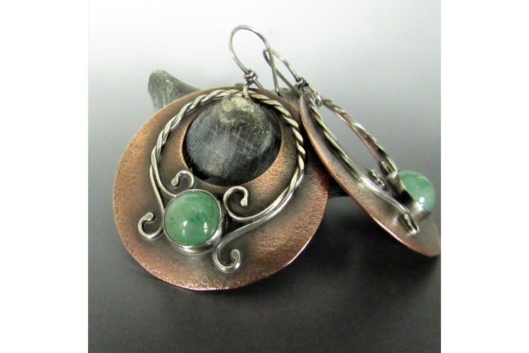 copper and sterling silver gypsy style earrings with green adventurine cabochon