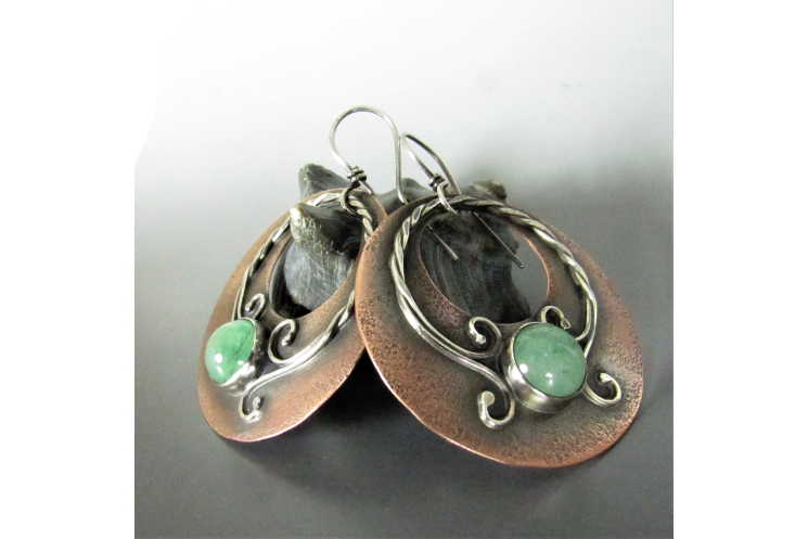 copper and sterling silver gypsy style earrings with green adventurine cabochon