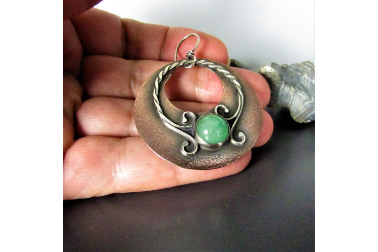 copper and sterling silver gypsy style earrings with green adventurine cabochon