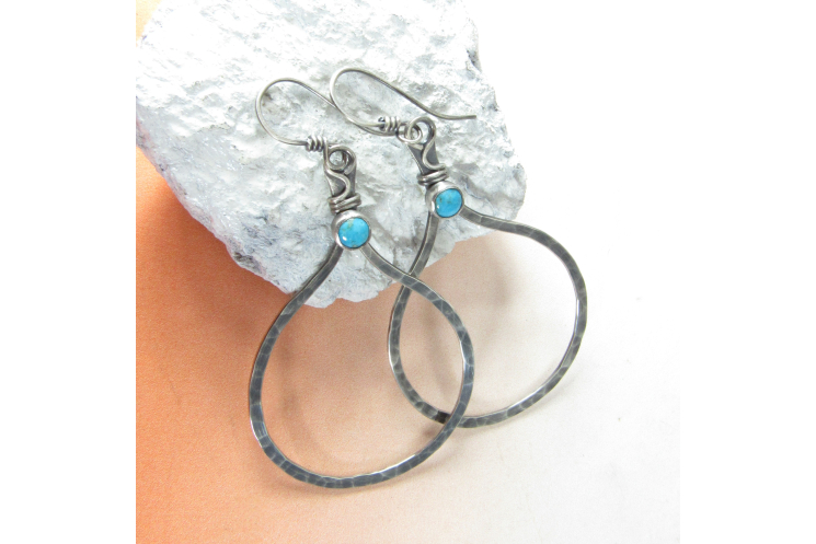 Large Sterling Silver And Turquoise Hoop Earrings