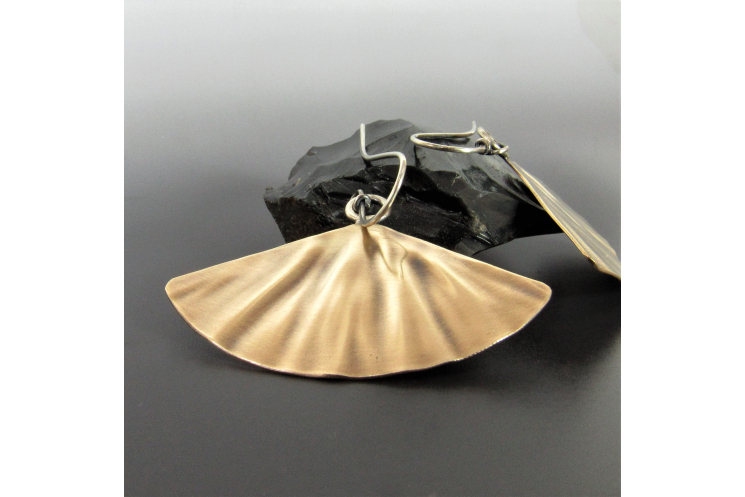 Large mixed metal fan shape earrings in brass and sterling silver