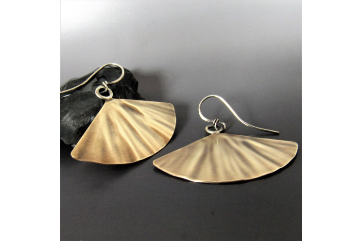 Large mixed metal fan shape earrings in brass and sterling silve