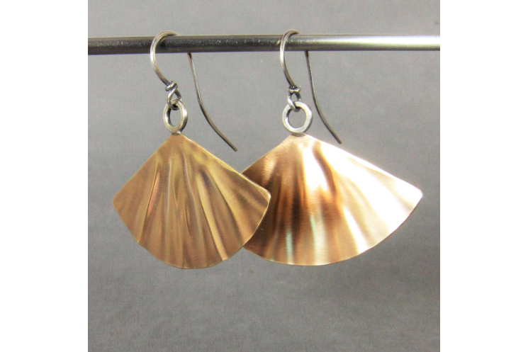 Large mixed metal fan shape earrings in brass and sterling silver