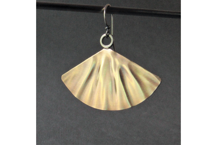 Large mixed metal fan shape earrings in brass and sterling silver