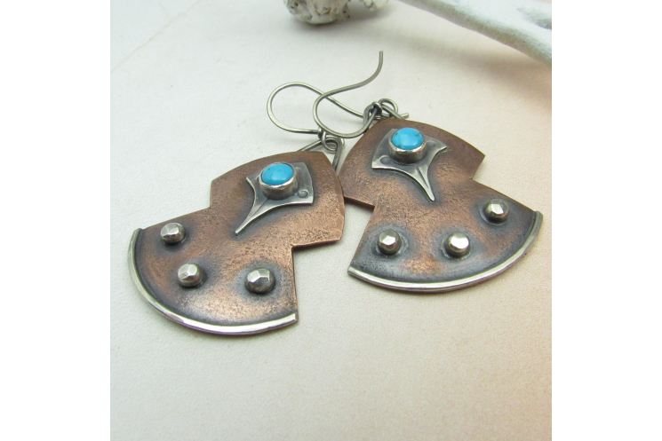 Turquoise, Copper And Sterling Silver Mixed Metal Earrings