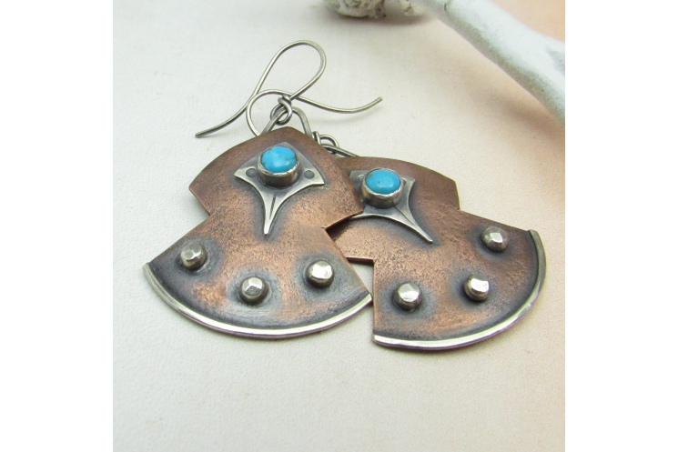 Turquoise, Copper And Sterling Silver Mixed Metal Earrings