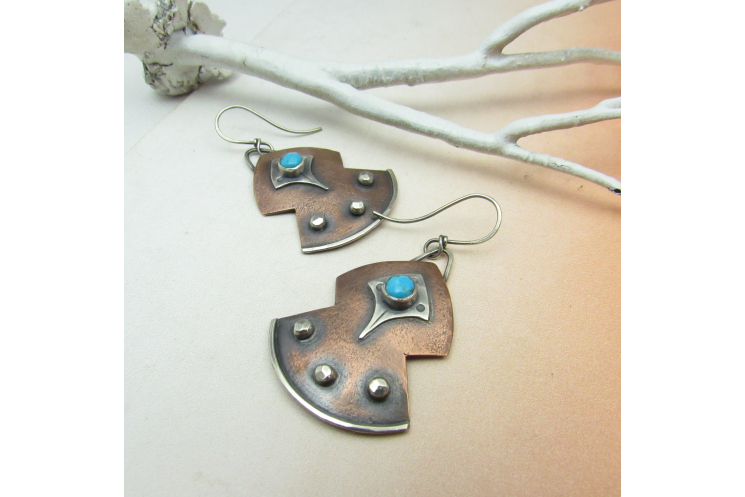 Turquoise, Copper And Sterling Silver Mixed Metal Earrings