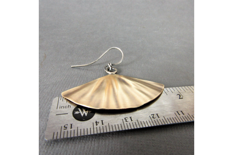Large mixed metal fan shape earrings in brass and sterling silver
