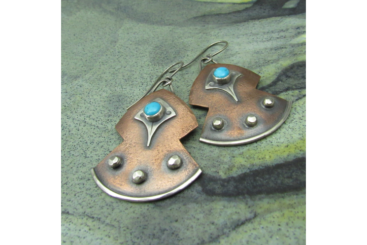 Turquoise, Copper And Sterling Silver Mixed Metal Earrings