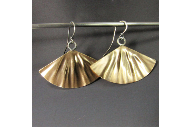 Large mixed metal fan shape earrings in brass and sterling silver