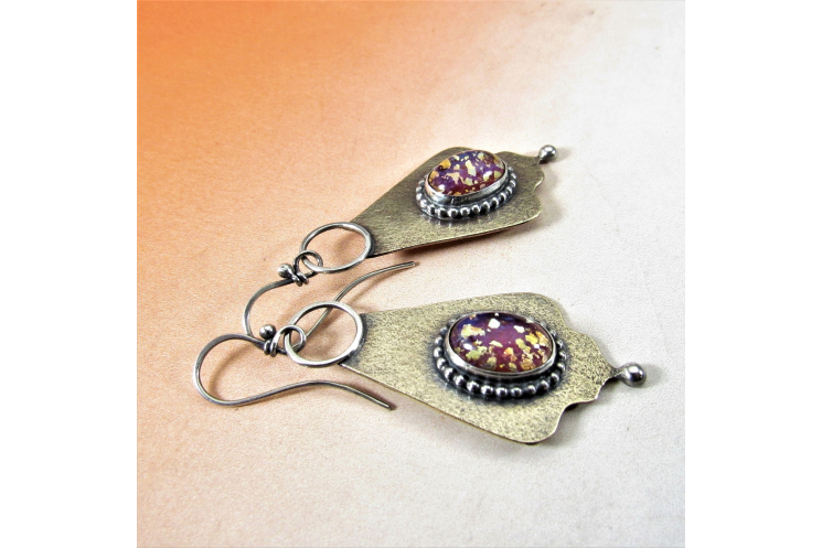 Exotic Bronze, Sterling Silver And Vintage Pink Glass Cabochon Earrings
