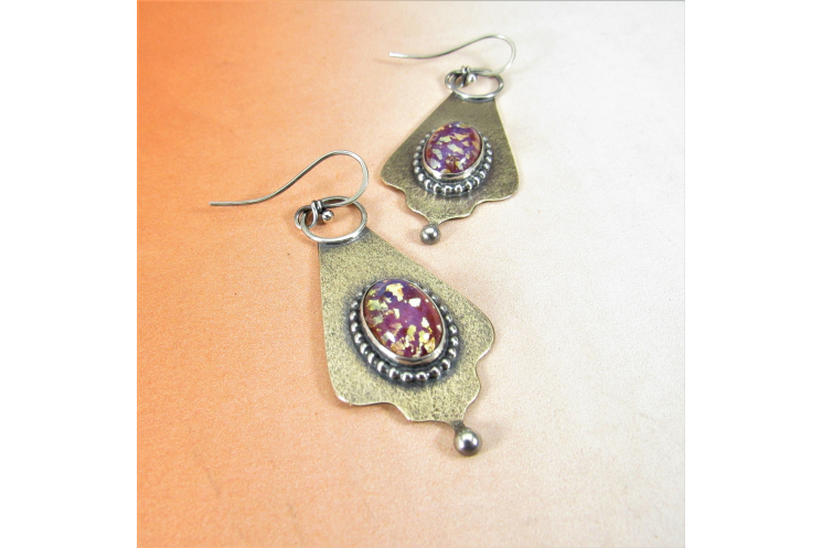 Exotic Bronze, Sterling Silver And Vintage Pink Glass Cabochon Earrings