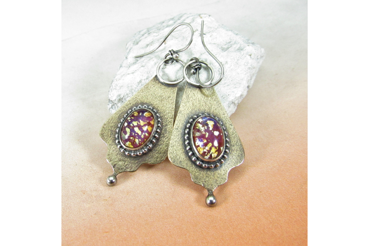 Exotic Bronze, Sterling Silver And Vintage Pink Glass Cabochon Earrings