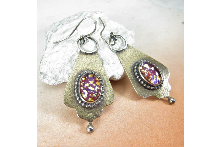 Exotic Bronze, Sterling Silver And Vintage Pink Glass Cabochon Earrings